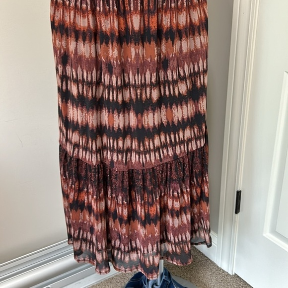 Evereve Gretta Midi Dress Mock Neck Tiered Pockets Brown Black Mesh Sz XL NEW - Picture 8 of 14